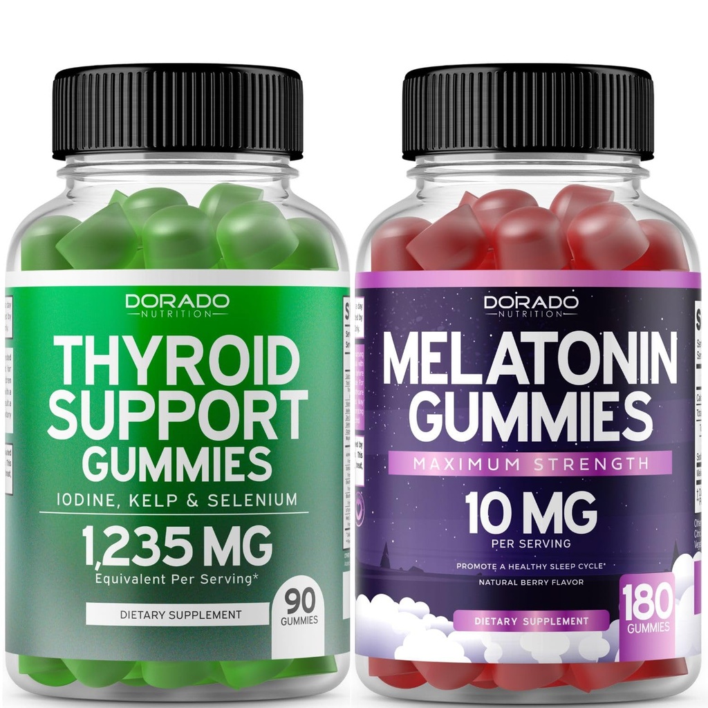 Soporte para tiroides para mujeres y hombres (90 gummies) Suplemento de apoyo - Delicious Apple Flavor - Melatonin Gummies para adultos (180 conde) - Quick Dissolve Melatonin 10mg Gummies - Non GMO, Vegan &amp; USA Made