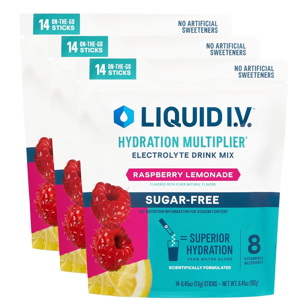 Liquid I.V.® Hydration Multiplier® Sugar-Free - Raspberry Lemonade ¦ Electrolyte Powder Drink Mix Silencioso 3 Pack (42 Servings)