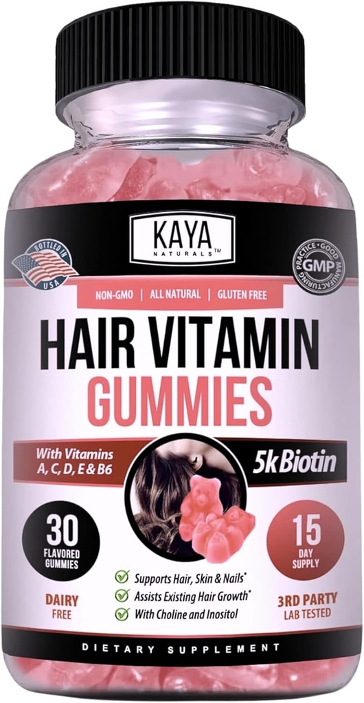 Kaya Naturals Crecimiento del cabello Gummies - Biotina 5000mcg Vitaminas para el cabello saludable, la piel y las uñas - Suplemento de belleza para mujeres o hombres - 30 Conde - Blueberry Flavor