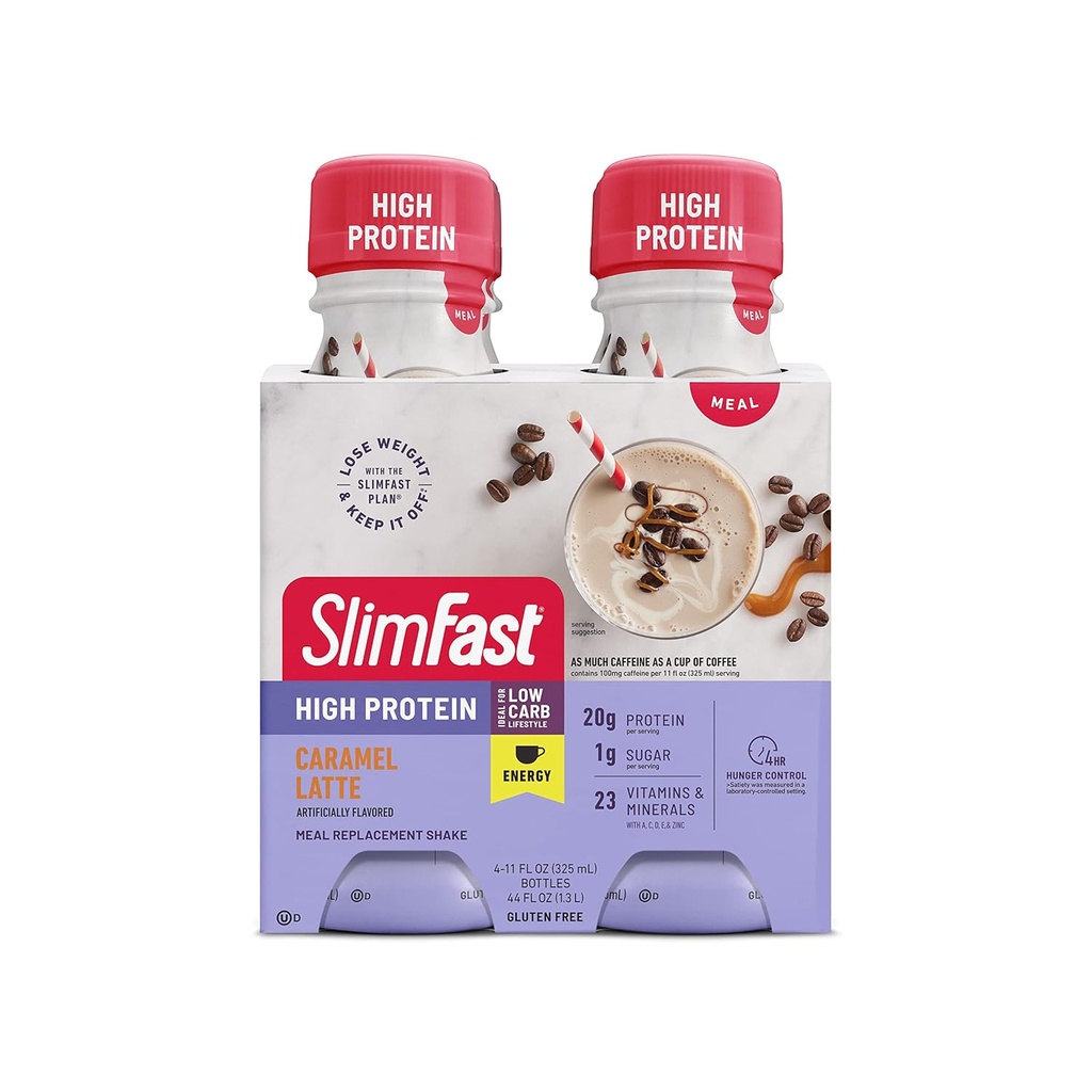 SlimFast Advanced Energy Caramel Latte Shake – Listo para beber el reemplazo de la comida – 20g de Protein, 11 fl. oz. Botella, 4 Cuenta (Paquete May Vary)