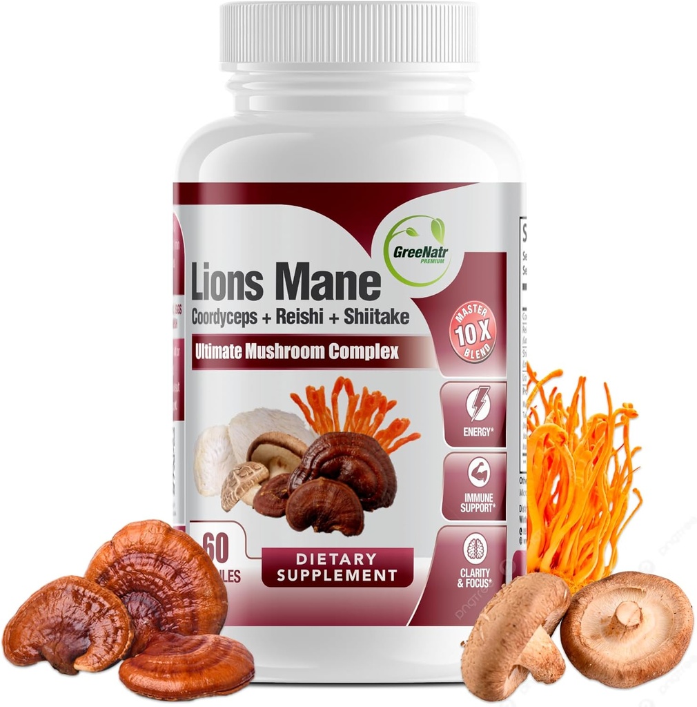 GreeNatr Suplemento completo de baño -10 en 1 Complejo con Lions Mane, Cordyceps, Shiitake, Chaga, Turquía Tail for Immune Support, Memory, Focus &amp; Natural Energy Booster - 60 cápsulas (1 botella)