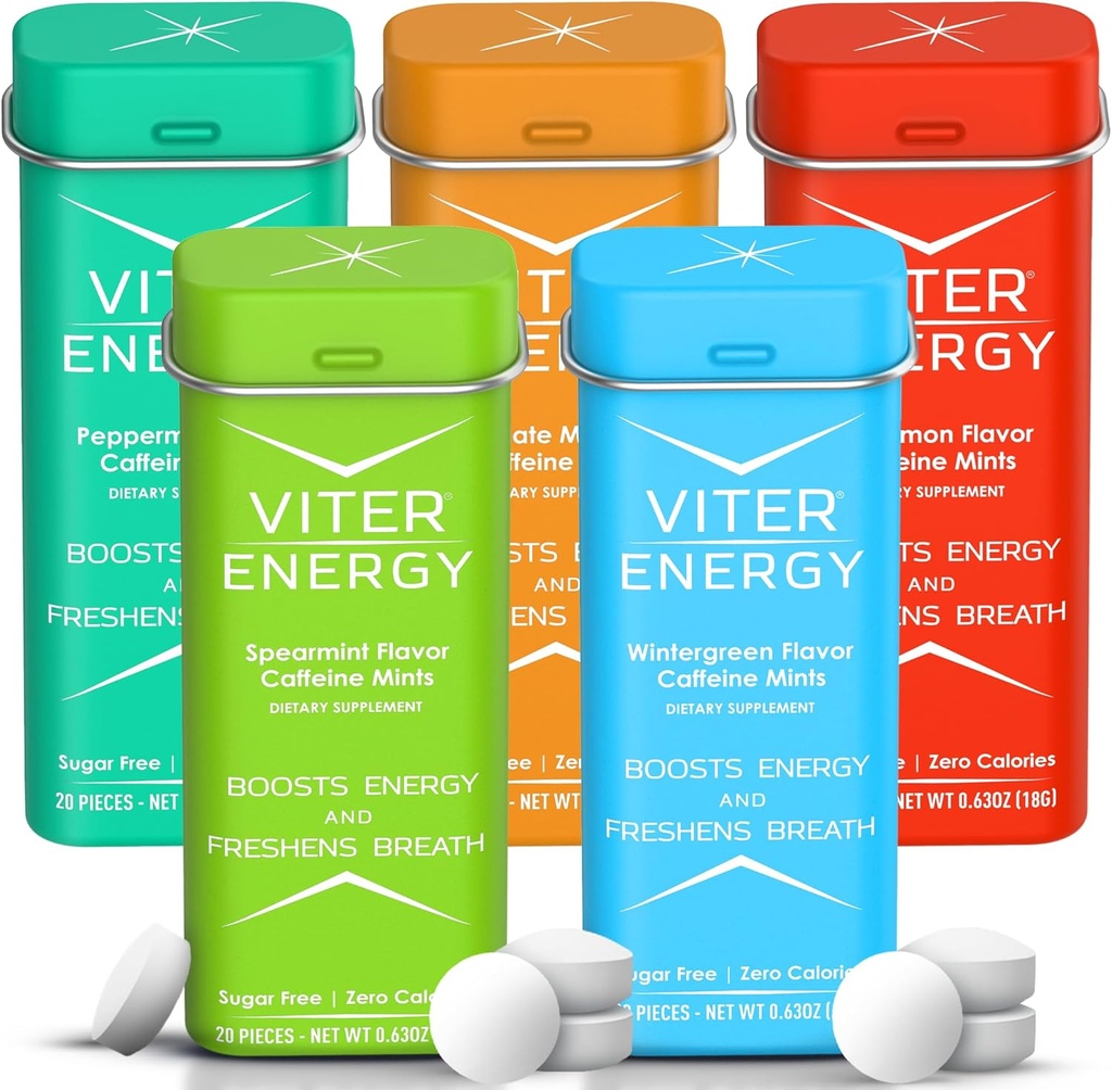 Viter Energy 40mg Caffeine Mints - Sugar Gratis, B Vitaminas, Vegan, Boosts Fast Energized Alert Focus, Caffeinated Nootropic Supplement Pills (Variety Flavors, 20pcs, 5 Pack, 100pcs Total)
