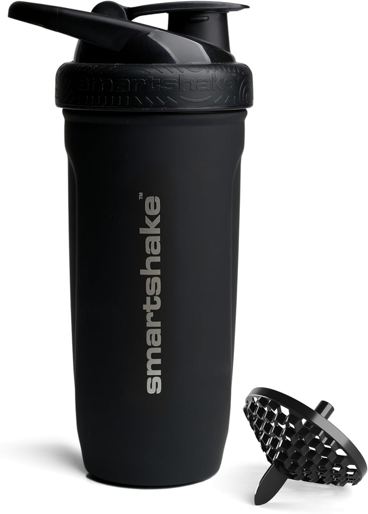 Smartshake Reforce Acero Inoxidable Protein Shaker Botella - No aislado Unisex Gimnasio Botellas Metal Shaker - 900 ml latitud 30 oz - Leakproof Screw-On Lid - DEHP & BPA Gratis (Negro)