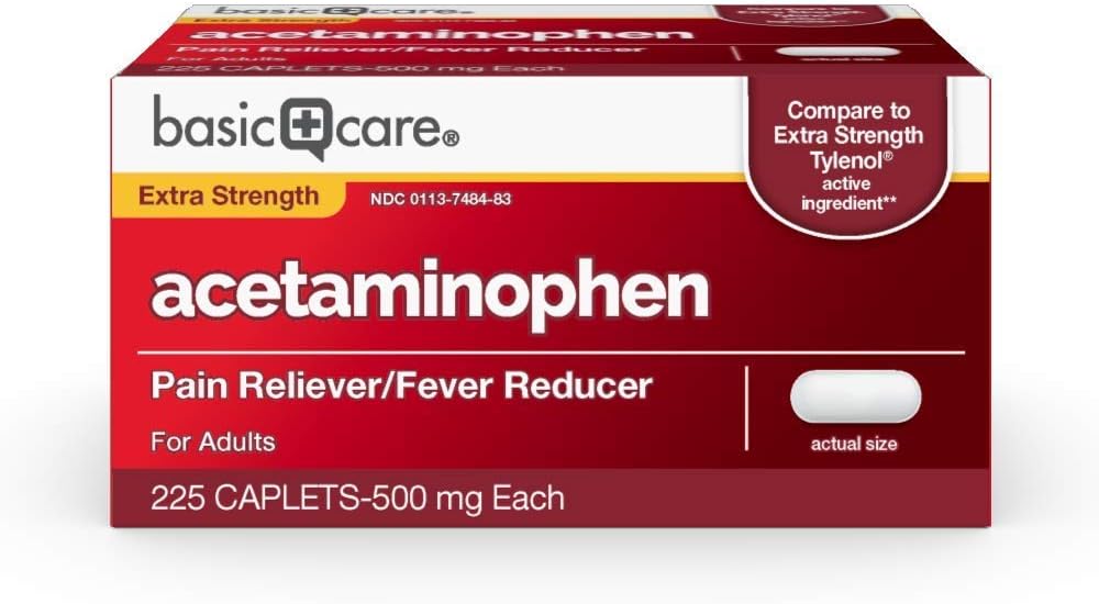 Cuidado básico Alivio de Dolor de Fuerza Extra, Caplets de Acetaminofeno, 500 mg, 225 Conteo