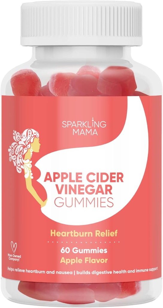 Sparkling Mama Apple Cider Vinegar Gummies ← Apple Flavor, (Heartburn Relief +Morning Sickness, Muscle Cramps), 60 Gummies (2-Pack)