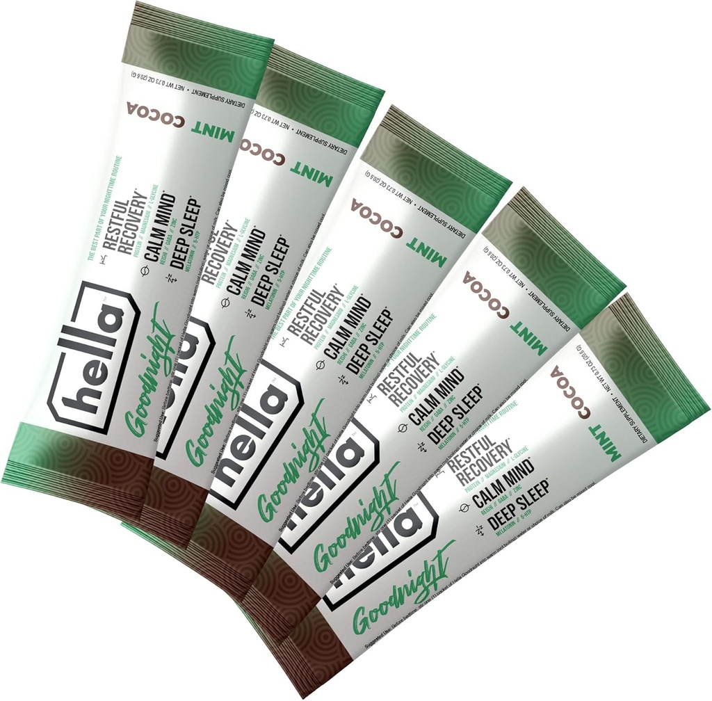 Hella Goodnight- Restful Recovery, Melatonin Sleep Drink Mix with Magnesium, 5-HTP, Reishi, GABA, and Zinc, Supports Nighttime Relaxation, Falling Asleep & Staying Asleep, Mint Cocoa
