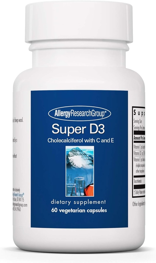Allergy Research Group Super D3 Dietary Supplement - Bone & Immune Support, Cholecalciferol with C &amp; E, Vegetarian Capsules, Gluten Free - 60 Count