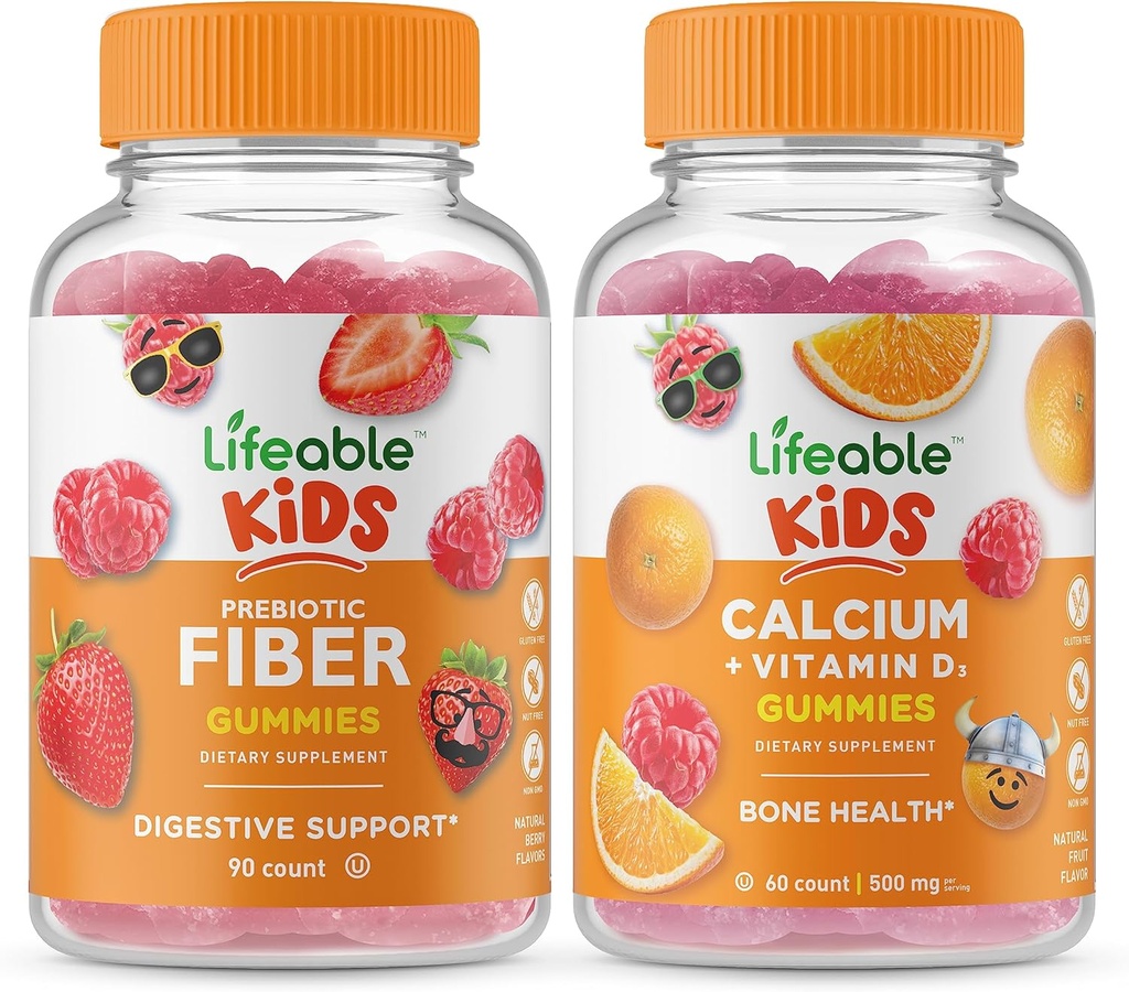 Fibra Prebiótica Lifeable Niños + Calcio con Vitamina D Niños, Gummies Bundle - Gran Tasting, Suplemento de Vitamina, Gluten Gratis, GMO Gratis, Gummy Chewable
