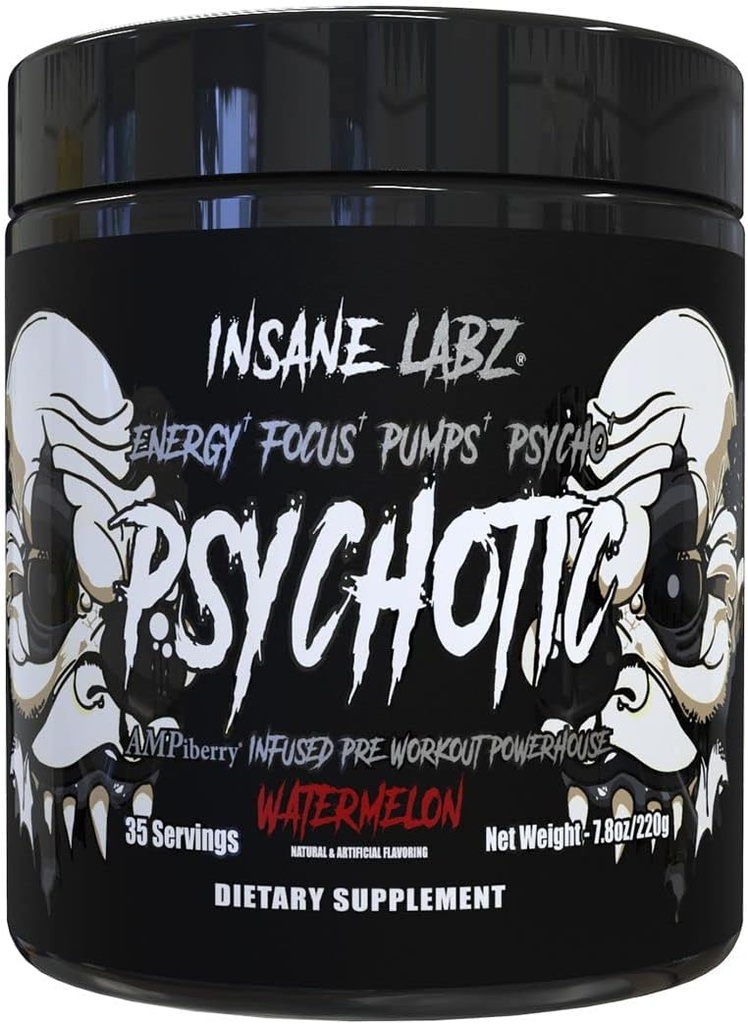 Insane Labz Psychotic Black Edition Mid Stimulant Pre Workout Powder, Energy Focus Pumps, Cargado con Creatine Beta Alanine Taurine Fueled por AMPiberry, 35 Servings (Watermelon)