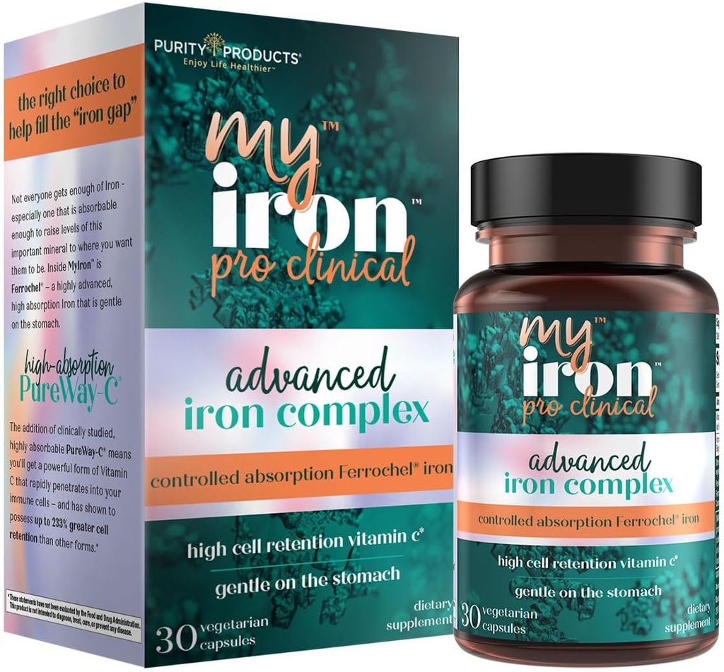 MyIron ProClinical by Purity Products - Iron (Ferrous Bisglycinate Chelelate) + Vitamina C (PureWay-C) - Gentle on The Stomach - Controlled Absorption - Promotes Healthy Red Blood Cells - 30 Count (1)