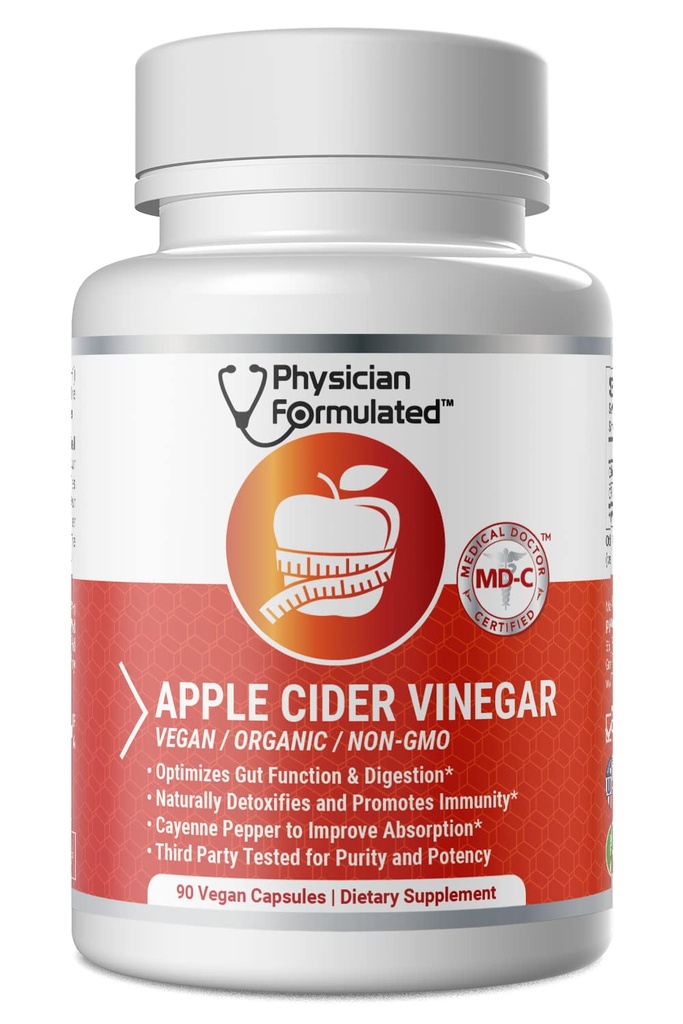 100% Organic Apple Cider Vinegar Capsules 750mg en tan solo 1 Pill Pure Raw Apple Sider Vinegar con Cayenne Pepper para Natural, Fast Detox y Cleanse - 90 cápsulas