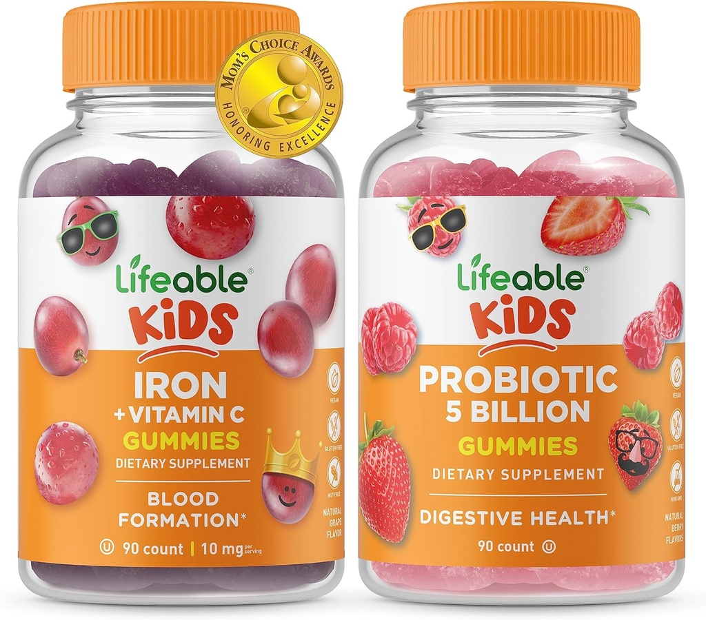 Hierro salvavidas &amp; Vitamina C Niños + Probióticos 5 millones de niños, Gummies Bundle - Gran Tasting, Suplemento de vitamina, Gluten Gratis, GMO Gratis, Chewable Gummy