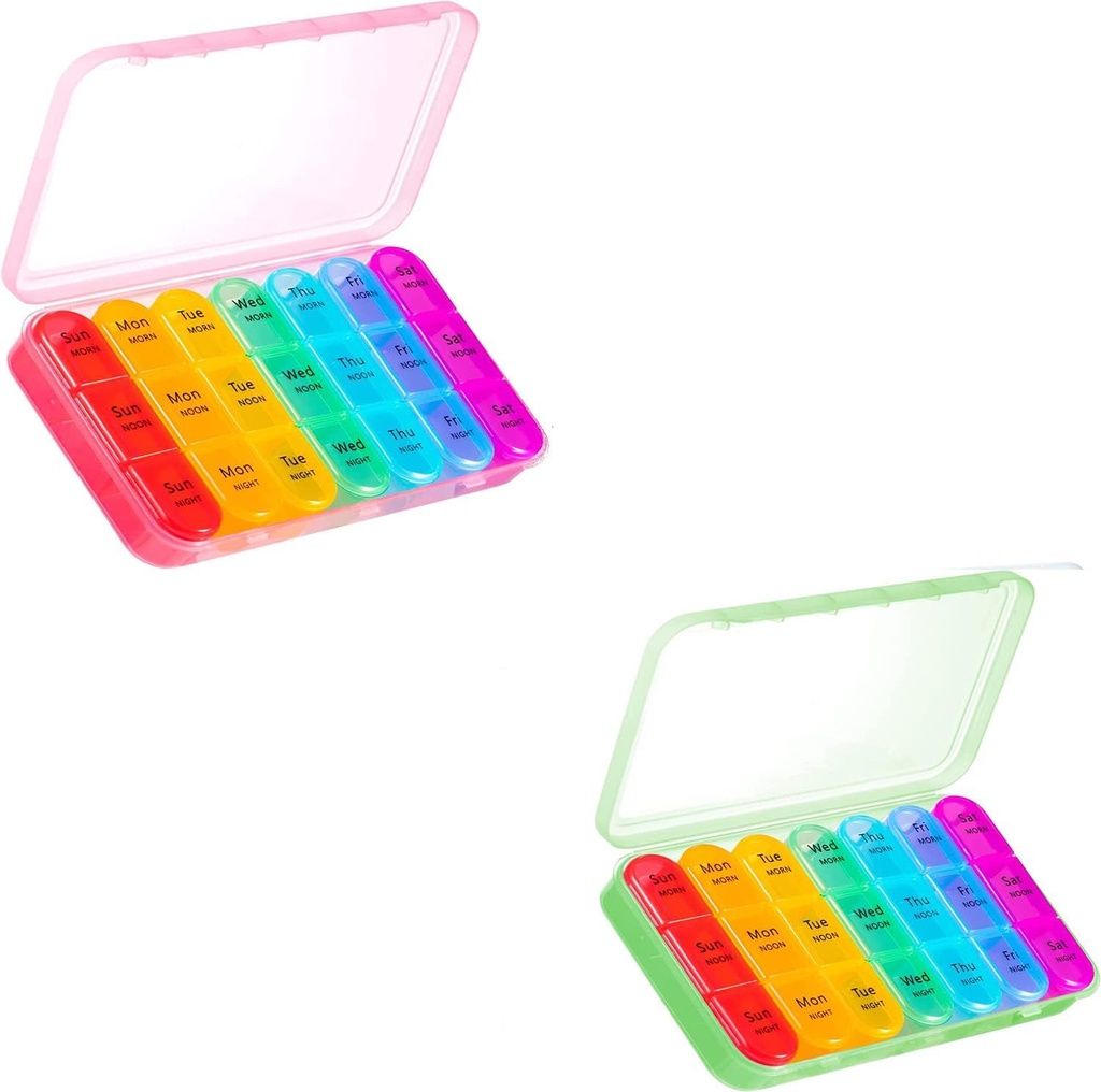 Asprink Pink and Green Pill Organizer 3 veces al día - Semanal Pill Box 3 veces al día - Daily Pill Box 7 Day Medicine Organizer, Gran Pill Case Pill Box 3 veces al día, Travel Pill Organizer