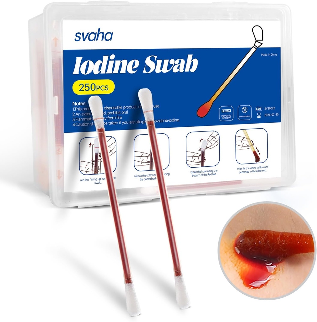 Svaha Povidone Iodine Swabsticks - 250 Pegatinas Agitadas individualmente, solución de yodo liberada cuando se encaje, sin secar, perfecto para el cuidado de heridas, primeros kits de ayuda, viaje &amp; uso al aire libre