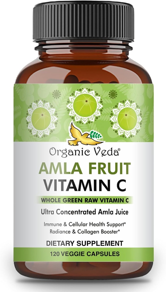 Organic Veda Amla Fruit Capsules, 20 X Concentrated Amla Berry Juice Extract Natural Vitamin C Supplement - Potent Antioxidants, Immunity, Skin Radiance - Vegan Vitamin C Amla Powder Capsule 120