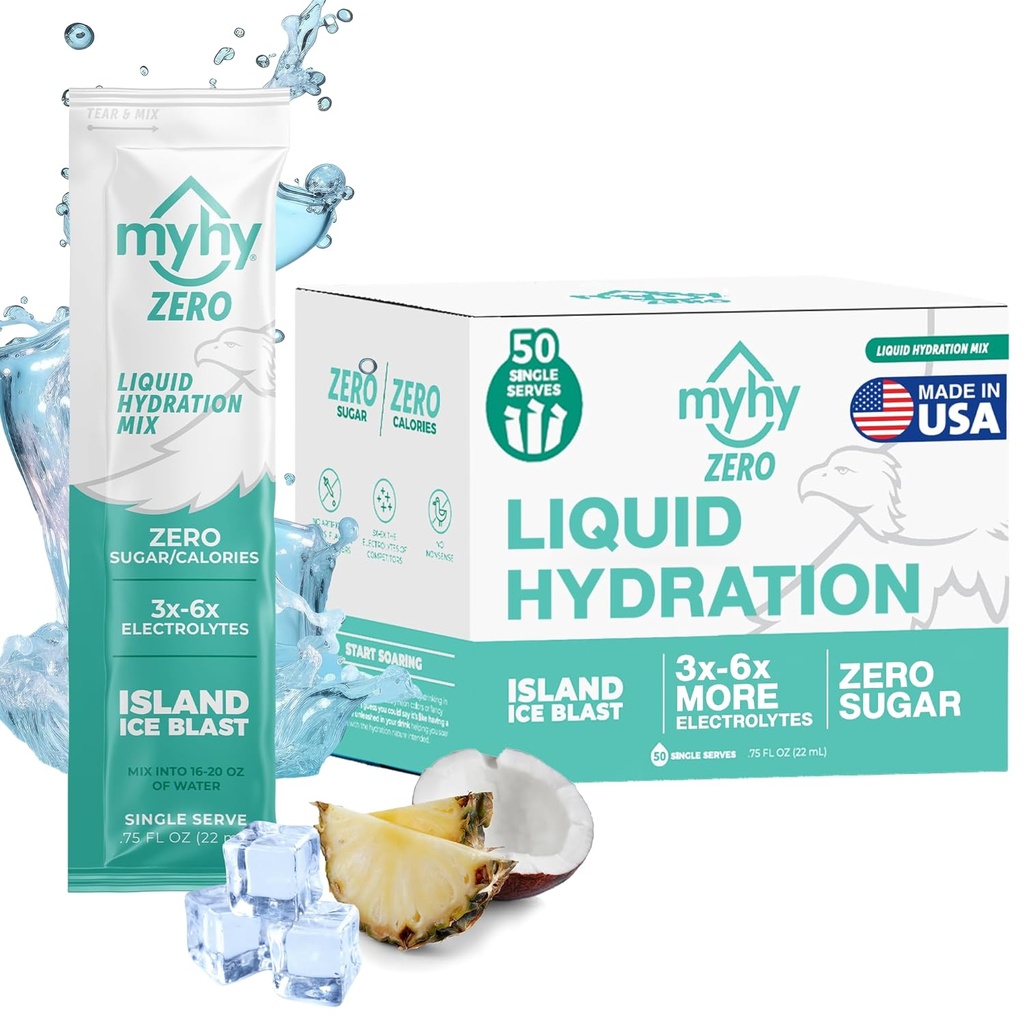MyHy ZERO Liquid Hydration Packets, Sugar Free Electrolyte Drink Mix for Hydration Support, Dehydration Relief for Travel, Pregnancy, Fitness, Bachelorette Party – Ice Island, 50 Conde