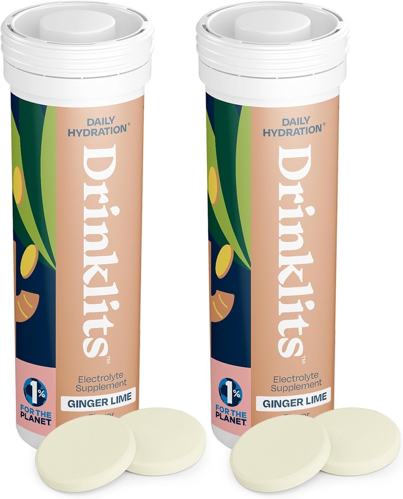 Drinklits Ginger-Lime Daily Hydration Tablets (2) Tube Bundle | Made with Organic Ginger – 0g Sugar – Essential Electrolytes | 20 Servings - 10 Tablets Per Tube