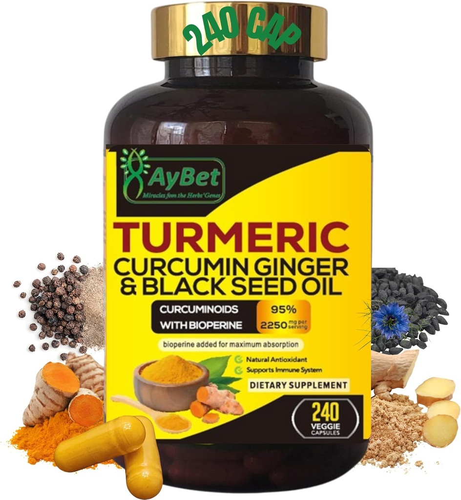Primer Mundo.Turmeric Curcumin Ginger bordeBlack Seed Oil, 240 Caps, 2250mg, 95% Curcuminoides, BioPerin Añadido, Extra Strength, Orgánico, Halal, Vegan, Sistema de Apoyo Inmunitario, Antioxidante, Soporte Conjunto
