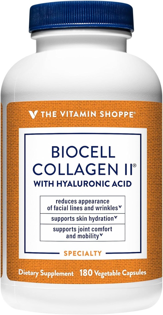 La vitamina Shoppe Biocell Collagen II con ácido hialurónico 1000mg - promueve la piel sana, las articulaciones y el cartílago - apoya la hidratación y elasticidad - para el bienestar diario (60 cápsulas vegetales)
