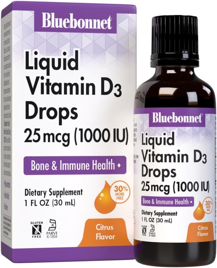 BlueBonnet Vitamina D3 1000 UI 25mcg Strong Bones &amp; Immune Support Supplement - Liquid Vitamins for Women &amp; Hombre - Lanolin VIT D Drops with MCT Oil - Non-GMO, Vegetarian - Citrus Flavor - 1 Fl Oz