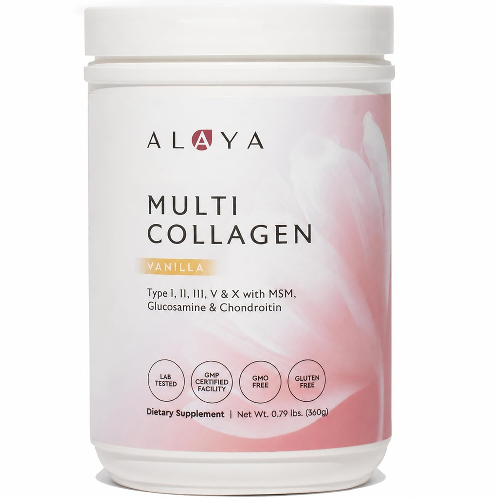 Alaya Multi Collagen Powder - Tipo I, II, III, V, X Hidrolyzed Collagen Peptides Protein Powder Suplemento con MSM + GC (Vanilla)