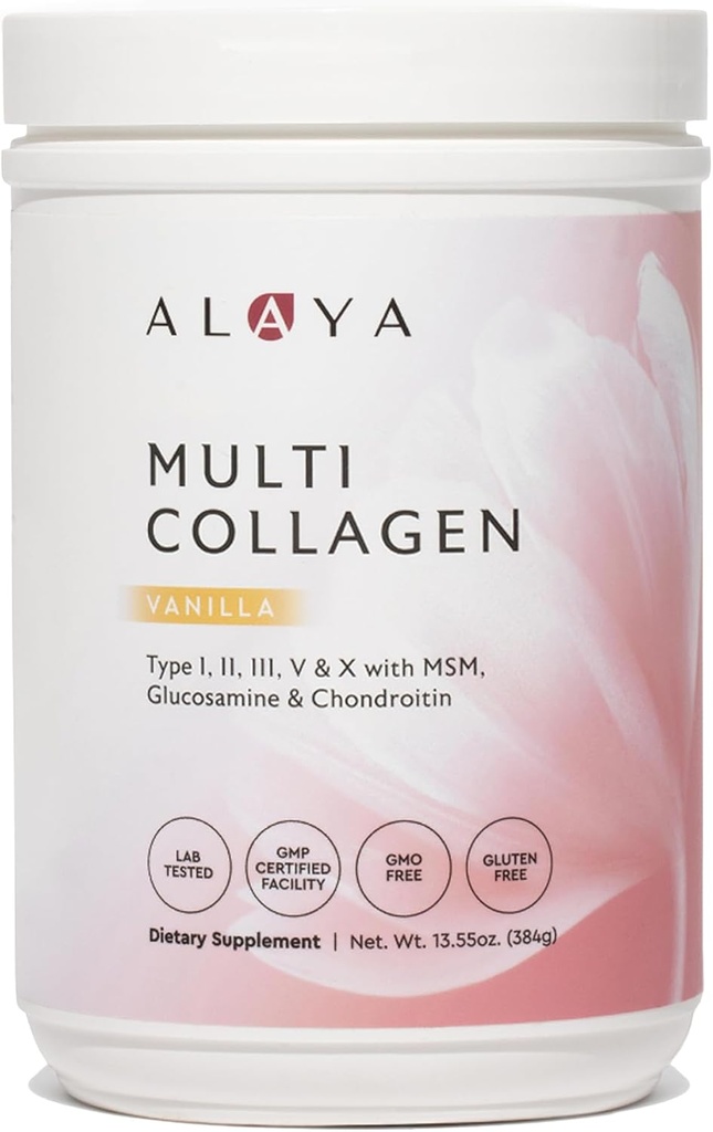 Alaya Multi Collagen Powder - Tipo I, II, III, V, X Hidrolyzed Collagen Peptides Protein Powder Suplemento con MSM + GC (Vanilla)