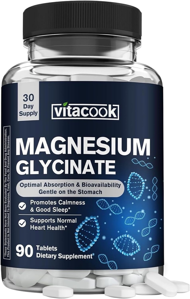 Magnesium Glycinate 300 mg, Calmness natural, Mood sano &amp; soporte cardiovascular, alta potencia y ultraabsorbable, no amortiguado, no transgénico, 90 tabletas