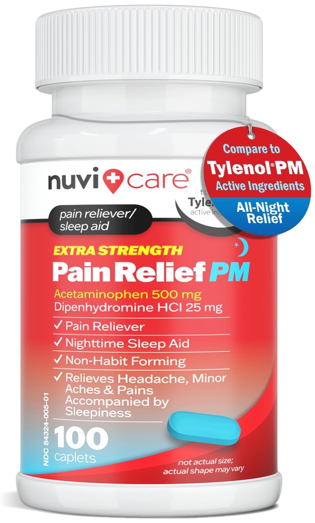 Extra Strength Pain Relief PM - Acetaminophen 500mg &amp; Diphenhydramine 25mg - Comparación con Tylenol PM Extra Strength Sleep Aid - Adult PM Doin Reliever for Nighttime Aches &amp; Pains (100 Tablets)