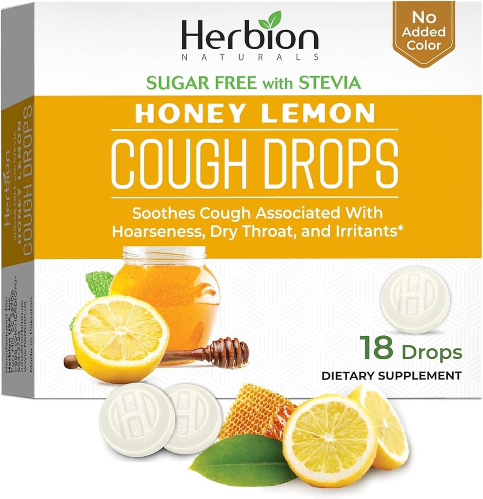 HERBION Naturals Cough Drops, Sugar-Free with Stevia, Dietary Supplement, Soothes Cough, for Adults &amp; Children Over 6 Years, 25 Drops Every (18 Count (Pack of 1), Honey Lemon)