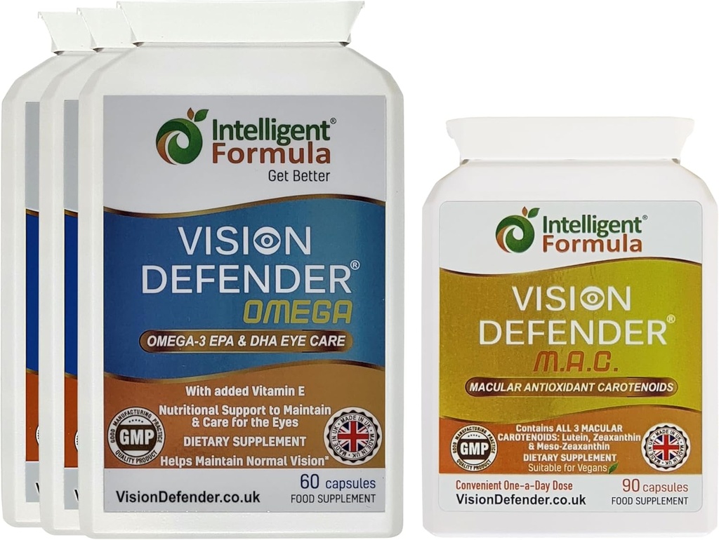 Vision Defender MAC &amp; Omega Todos los días General Eye-Health Bundle (90 Days Supply). Suplemento de Vitaminas Ojo Incluye Carotenoides Lutein, Zeaxanthin, Omega-3 (DHA, EPA). Made in UK by Eye Specialists
