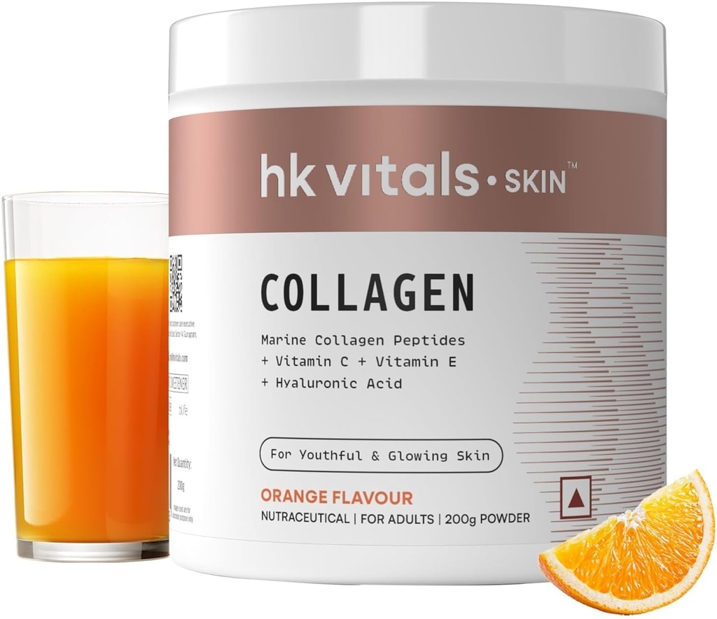 Suplemento de colágeno marino (Orange, 200 Gram) tóxico Vitamina C, E, Sodium Hyaluronate Silencio para la piel sana, cabello " uñas,Powder