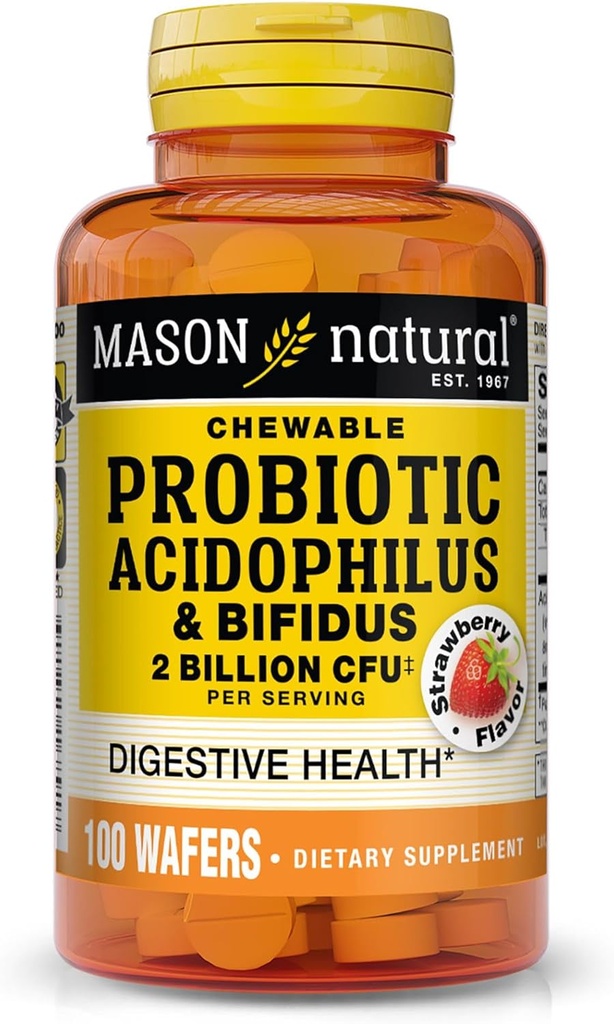 MASON NATURAL Acidophilus Probiótico con Bifidus, 50 Day Supply, Supports Healthy Normal Digestion, Strawberry Flavor, 100 Chewable Wafers