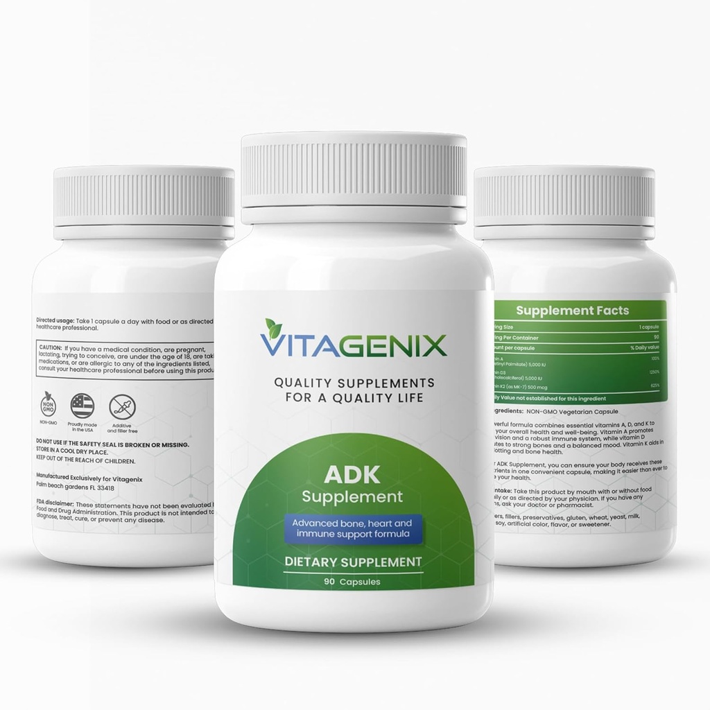 ADK 10 - Vitamina A, D3 &amp; K2 Suplemento para Hombres &amp; Mujeres - Alta Potencia Vitamina ADK - Ayuda Apoyo Immune, Bone & Heart Health - 90 cápsulas