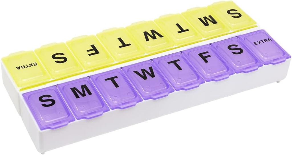 EZY DOSE semanal (14 días) Pill Organizer, Vitamina y Caja de Medicina, Grandes Salidas Compartimientos, Fácil de Abrir, BPA Gratis, Púrpura y Amarillo