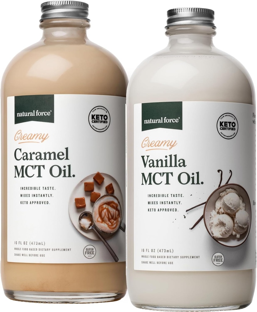 Natural Force Creamy Vanilla + Creamy Caramel MCT Oil Bundle – Gluten-Free, Non GMO, Emulsified Flavored MCTs from Organic Coconuts – Keto, Paleo, and Vegan – 2x 16 Ounce Glass Bottles