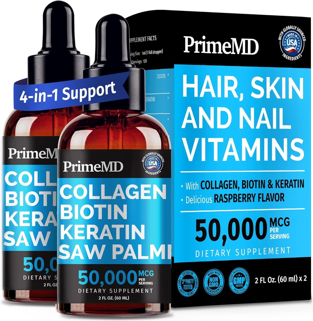 Peptides de colágeno líquido para mujeres - Complejo de suero con vitamina de biotina, proteína de queratina hidrolizada y Palmetto de sierra - Fórmula completa para el cabello, la piel y el bienestar de uñas - 2fl oz (Pack de 2)