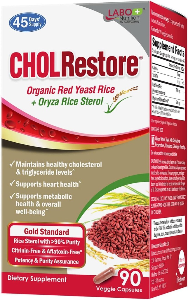 LABO Nutrition CHOLRestore – Red Yeast Rice with Phytosterol Health Supplement, Supports Healthy Cholesterol Levels, Citrinin, Aflatoxin & Soy Free, 90 Vegetarian Capsules