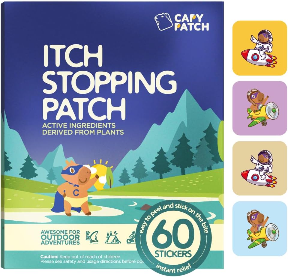 CAPY Bug Bite Itch Relief Patches for Kids - 60 Conde, Travel & Camping Essentials, Hydrocortisone Alternative, Itch Relief Stickers for Mosquito & Bug Bites