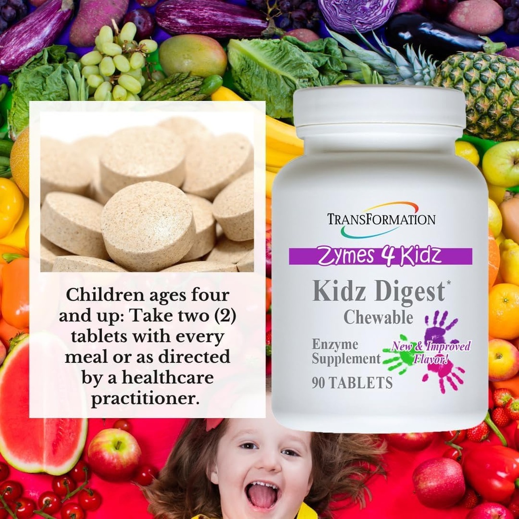 TRANSFORMACIÓN LA GENESIS DE LA BUENA SALUD Enzymes Kidz Digestive Enzyme Supplement Chewable, Promote Healthy & Complete Digestion & Elimination for Children, 90 Tablets