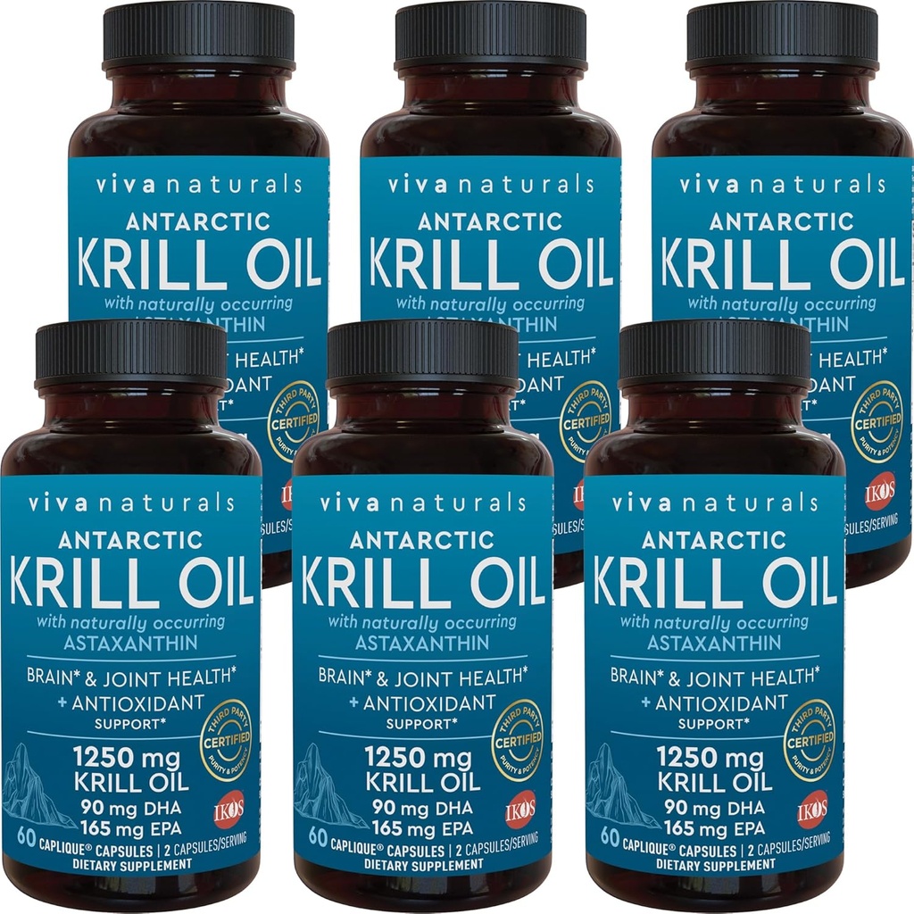 Viva Naturals Antártico Krill Oil 1250 mg, Omega 3 EPA DHA y Astaxanthin, Soporte Conjunto y Suplemento Cerebro con Propiedades Antioxidantes, No Fishy Aftertaste (Pack of 6)