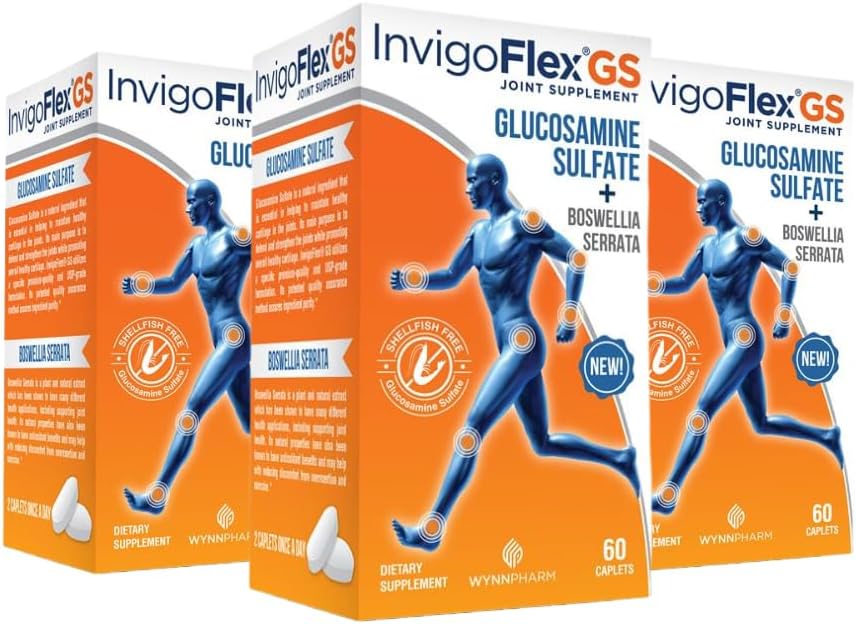 Sulfato de Glucosamina INVIGOFLEX (Shellfish Free, Sodium Free &amp; Vegetarian Safe) No GMO, Gluten Free - con Boswellia Serrata - Suplemento Conjunto Premium GS - 3 Pack