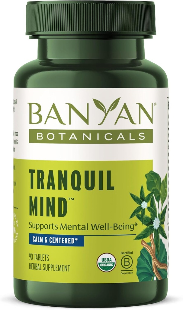 Banyan Botanicals Mente Tranquil – Suplemento Orgánico con Guduchi, Gotu Kola &amp; Skullcap – apoya la ansiedad ocasional " promueve un sentido de calma * – 90 Tabletas – No GMO Fuente sostenible Vegan
