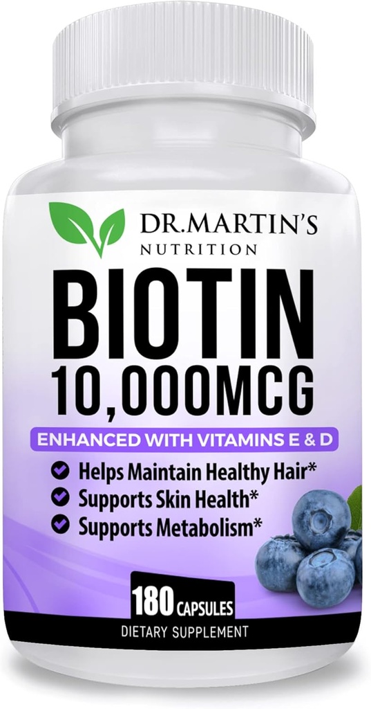 Potent Biotin (Vitamin B7) 10,000 mcg con Vitaminas D &amp; E Suplemento Silencio 180 Conde Silencio Hair, Skin And Nails  For Thicker & Stronger Hair Growth ← Saludable, Joven Esquín " Strong Nails " Energy Support