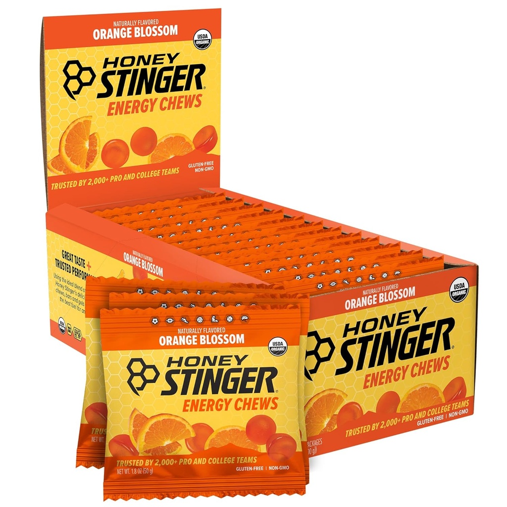 Honey Stinger Organic Orange Blossom Energy Chew, Gluten Free &amp; Caffeine Free, para el ejercicio, funcionamiento y rendimiento, Sports Nutrition for Home &amp; Gym, Pre and Mid Workout, 12 Pack, 21.6 Ounce