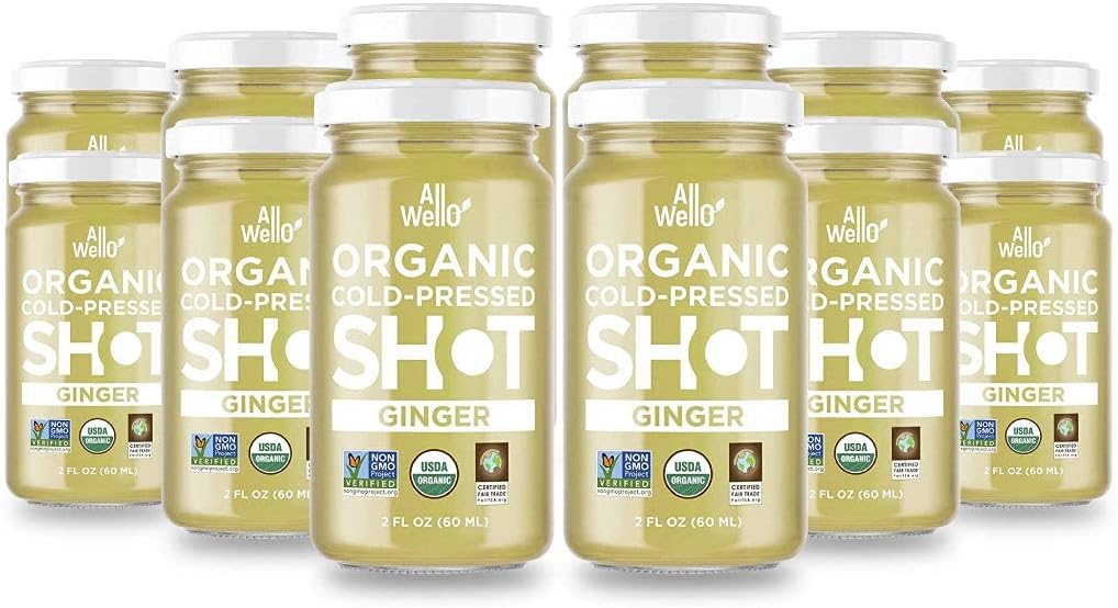 ALLWELLO Cold-Presed Ginger Shot, 60 mL, USDA Organic Immune Booster with Natu-RAL TEN 12 Unidades por caso (12 Pack)