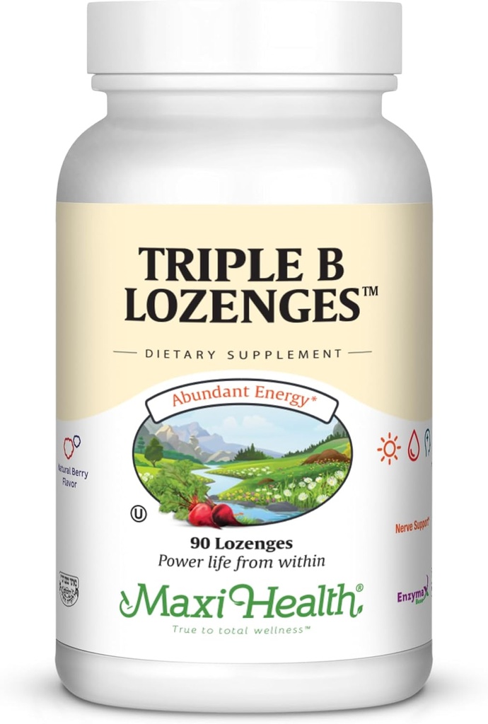 Maxi Health Triple B Lozenges - Vitamina B12 &amp; B6 &amp; Biotin - Strawberry Flavor - 90 Chewies - Kosher