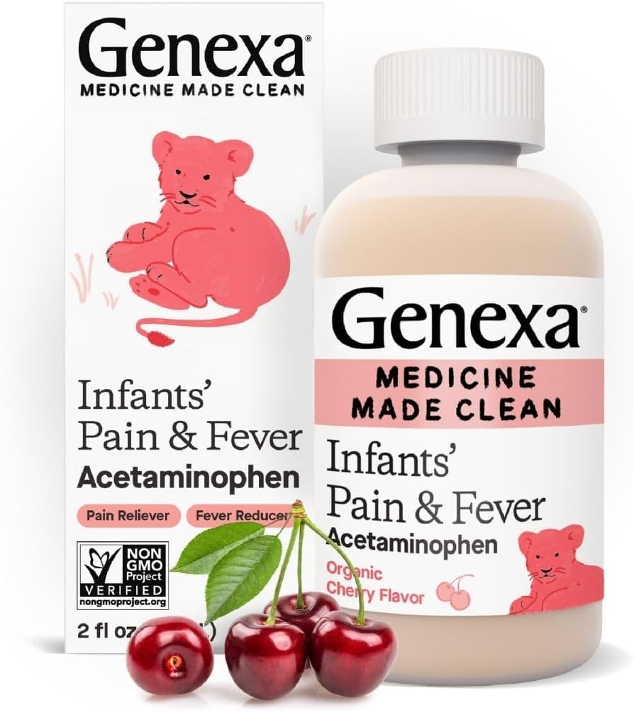 Genexa Infants' Clean Acetaminophen | Pediatrician Preferred Ingredients | Pain Reliever & Fever Reducer for Babies| Dye Free, 0% Artificial Additives | Delicious Organic Cherry Flavor, 2 fl oz