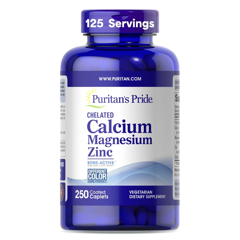 Pride de Puritan Premium Chelated Calcium Magnesium Zinc con Bone-ActiveTM, Suplemento dietético para la salud de los huesos y el soporte de funciones inmunitarias, 250 caplets Coated