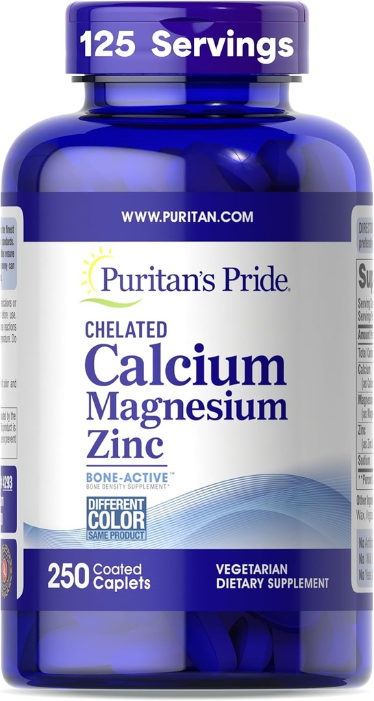 Pride de Puritan Premium Chelated Calcium Magnesium Zinc con Bone-ActiveTM, Suplemento dietético para la salud de los huesos y el soporte de funciones inmunitarias, 250 caplets Coated