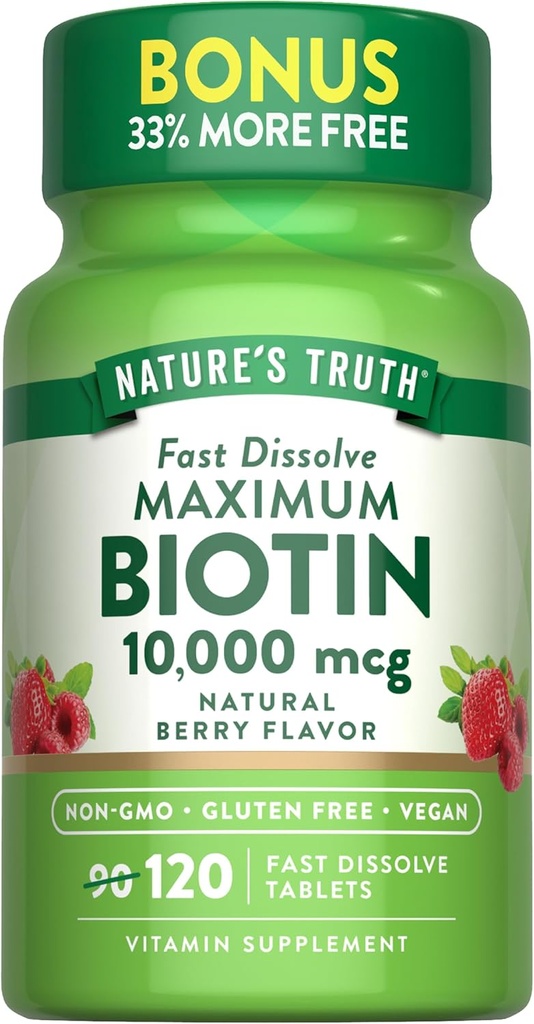 Verdad de la naturaleza Biotin 10000mcg ← 120 Fast Dissolve Tablets  Maximum Strength ← Natural Berry Flavor ← Vegan, Non-GMO & Gluten Free Supplement